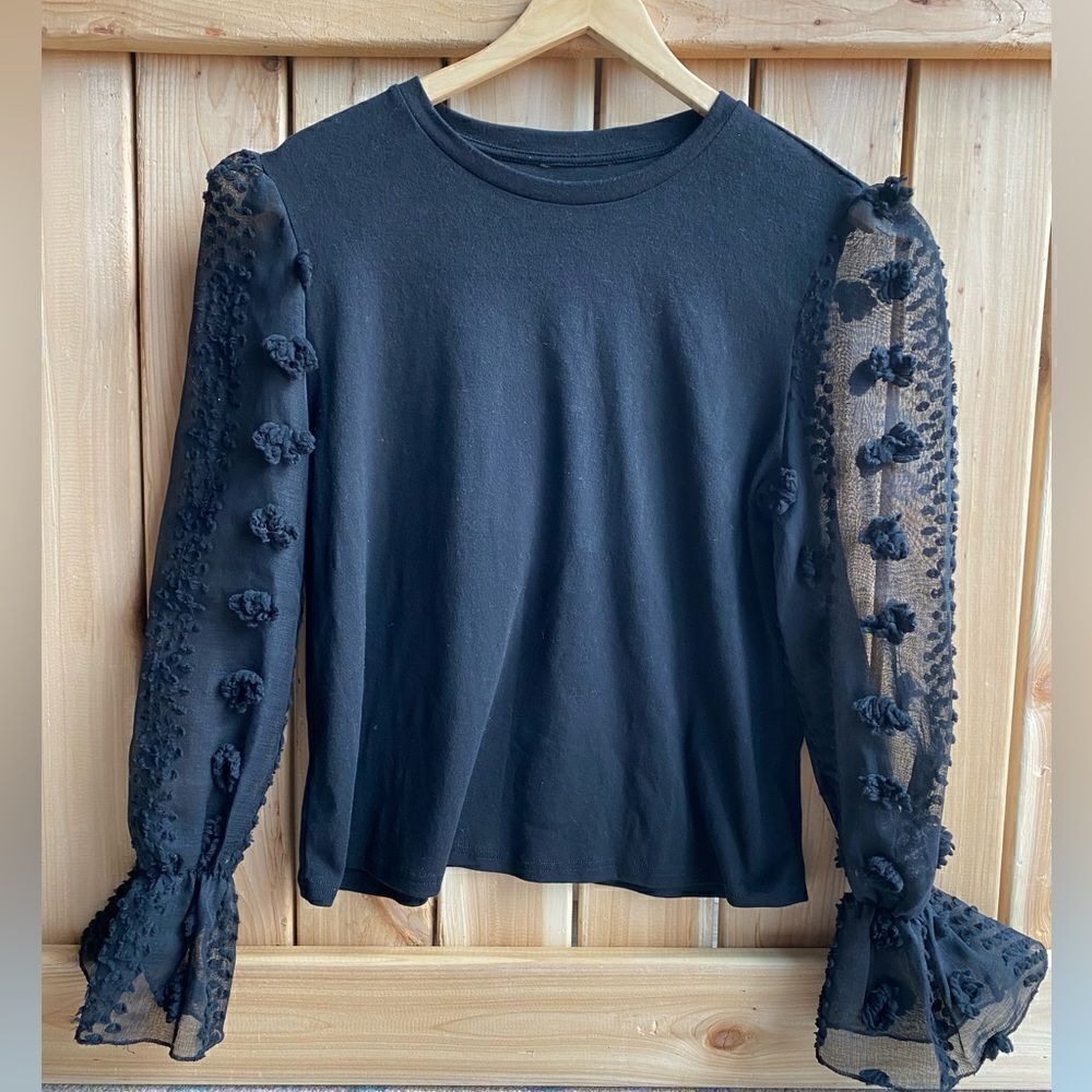 Simple Black T-shirt Sheered Arm Blouse